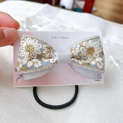 【再販】キラキラ　インド刺繍リボン＆グレーグログランリボン ヘアアクセサリー　ヘアゴム  こども〜大人まで　グレー 7枚目の画像