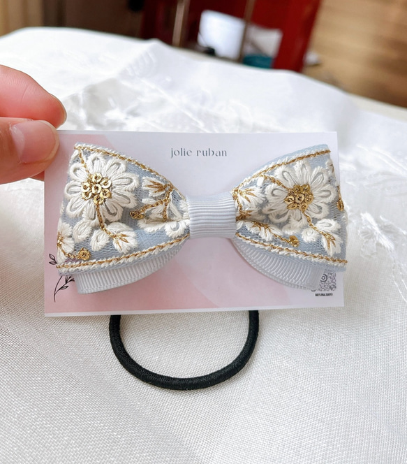 【再販】キラキラ　インド刺繍リボン＆グレーグログランリボン ヘアアクセサリー　ヘアゴム  こども〜大人まで　グレー 7枚目の画像