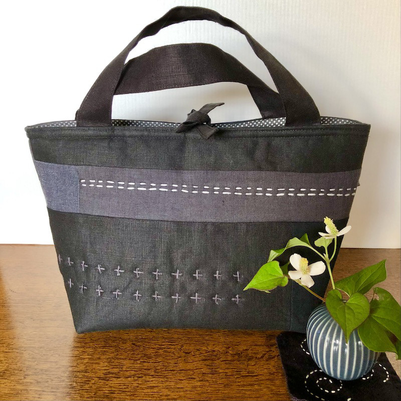 麻と古布　黒のグラデーションかばん　1