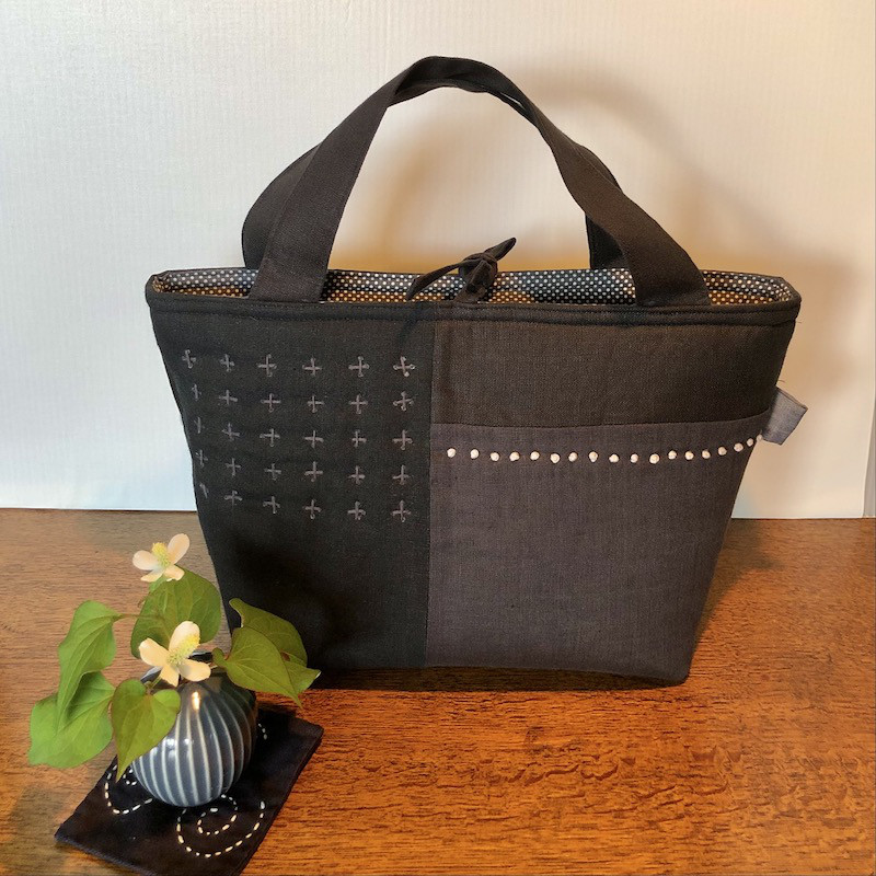 麻と古布　黒のグラデーションかばん　2