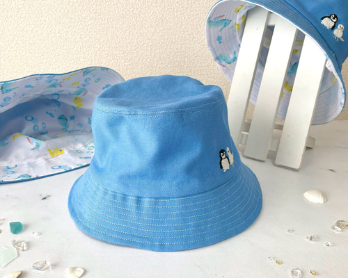 ペンギンとインコ刺繍-海の子シリーズ タツノオトシゴ バケットハット