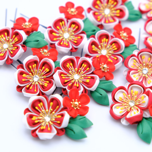 つまみ細工「八重の梅」 紅白 かんざし atelier フルリール 通販  