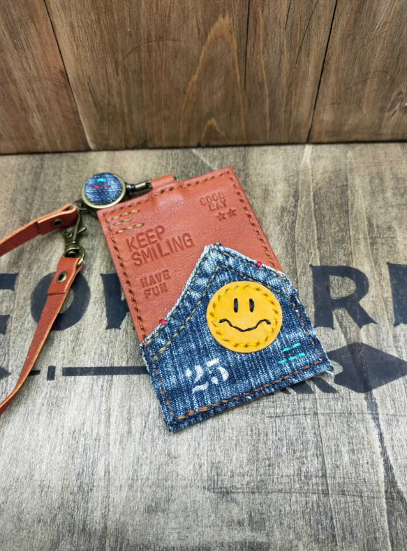 パスケース デニムsmile×ブラウン リール付き 牛本革 定期入れ