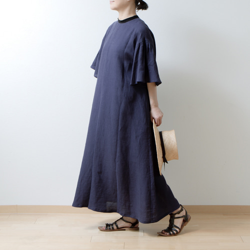 フレアハーフスリーブAラインリネンワンピース/パープルネイビー