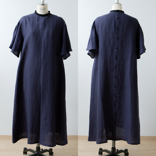 フレアハーフスリーブAラインリネンワンピース/パープルネイビー