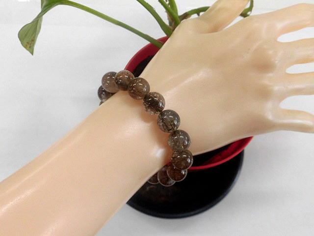 天然石 銅針ルチルクォーツ10.8mm～11.8mm玉ブレスレット 内周16.5cm　　240101466