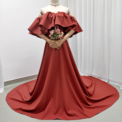 送料無料！パーティードレス テラコッタ色 オフショルダー 編み上げ  