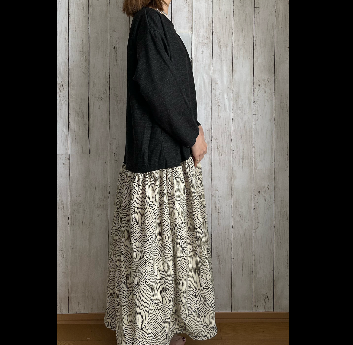 cottonリネンニット腰下切り替えギャザー入りロングワンピース