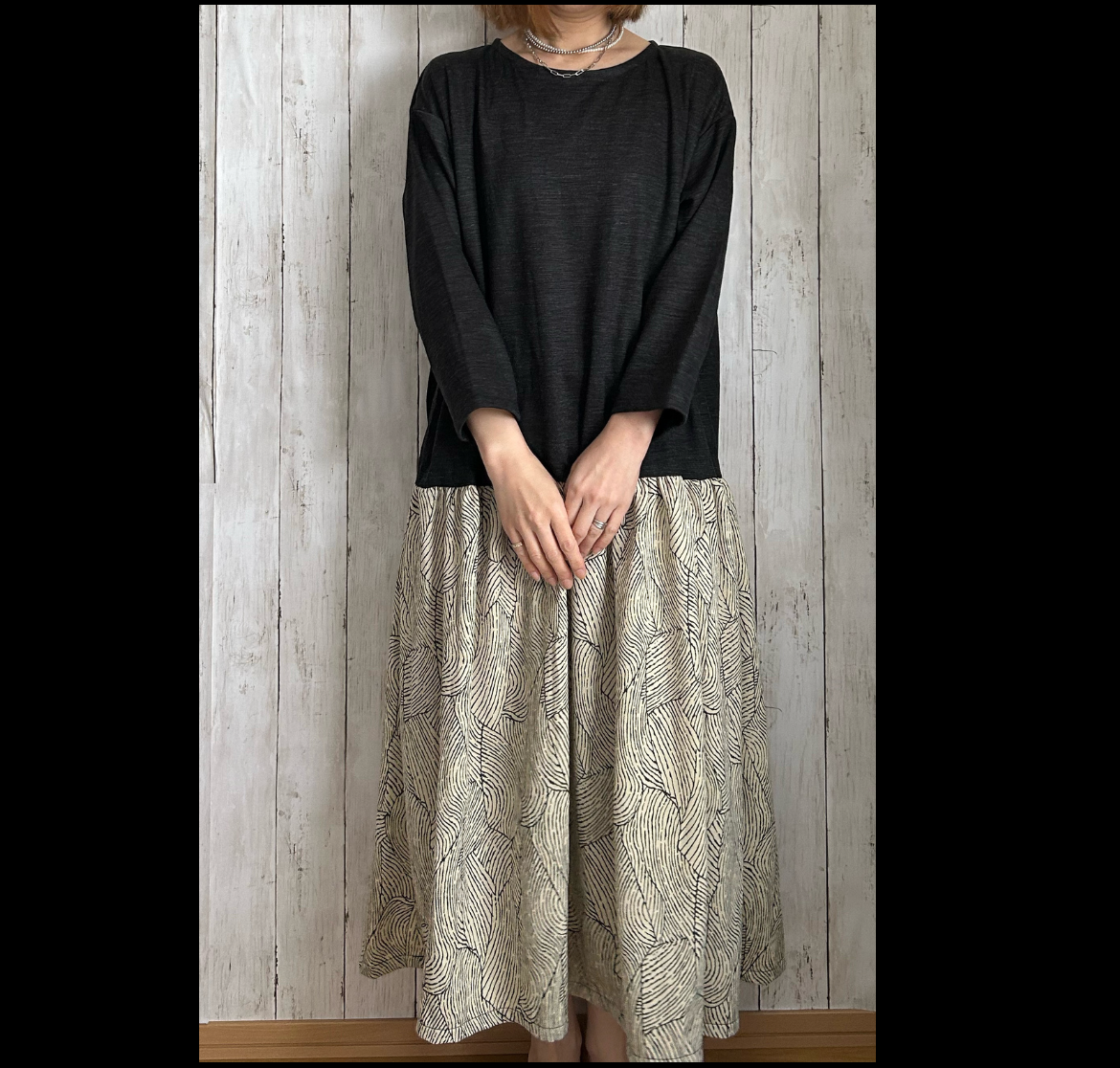 cottonリネンニット腰下切り替えギャザー入りロングワンピース