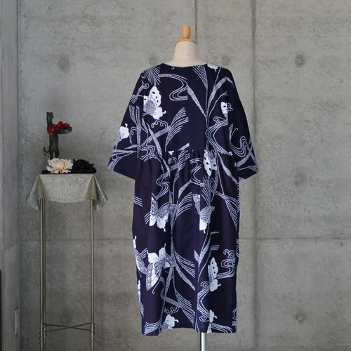 着物リメイク 浴衣のギャザースカートワンピース フリーサイズ 蝶々  