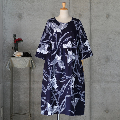 着物リメイク 浴衣のギャザースカートワンピース フリーサイズ 蝶々  