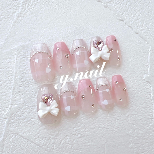 ネイルチップ/リボンネイル/フレンチネイル/チェックネイル/ガーリー