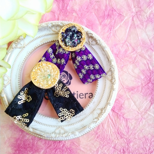 レジンヘアゴム　インド刺繍リボン　ベージュ　紫陽花　2連　綺麗個性的 レジンヘアゴムインド刺繍リボンベージュ紫陽花2連綺麗個性的