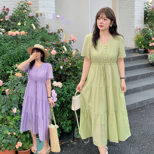 春夏新作 XL~4XL Vネック半袖ロングワンピース 大きいサイズ