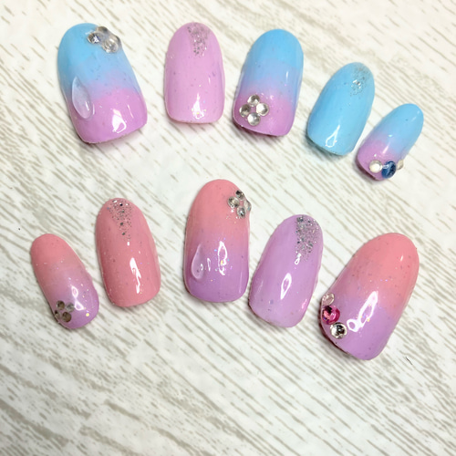 ☆オーダー可☆紫陽花グラデーションネイル あじさい 青 紫 ピンク
