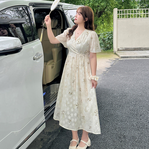春夏新作 XL~4XL Vネック プリント ロングワンピース 大きい