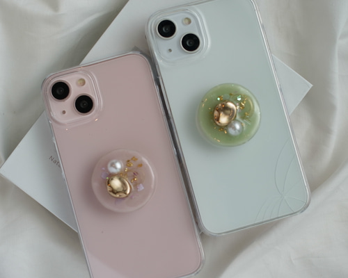 スマホグリップ　ピンクグレープフルーツ　新品未使用 iPhone 8/7【Lucy】ツイードレター型ケース/オフホワイト