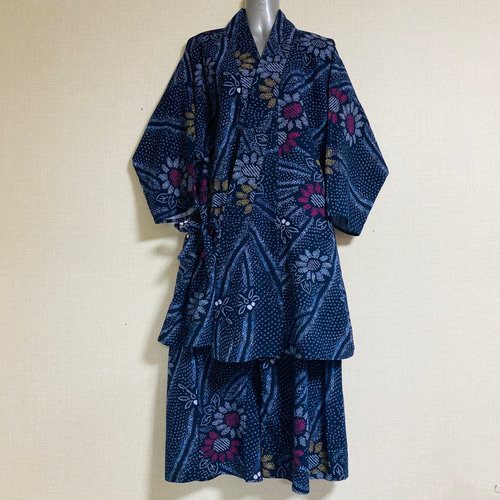 新品 浴衣甚平 青 花柄 絞り風 リメイク 大きいサイズ 〜XXL No