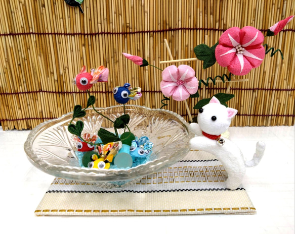 朝顔 金魚 猫 ちりめん細工 （金魚 朝顔 ねこ つまみ細工 季節の