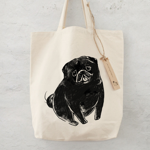 黒パグ トートバッグ エコバッグ 犬 パグ トートバッグ せいこ