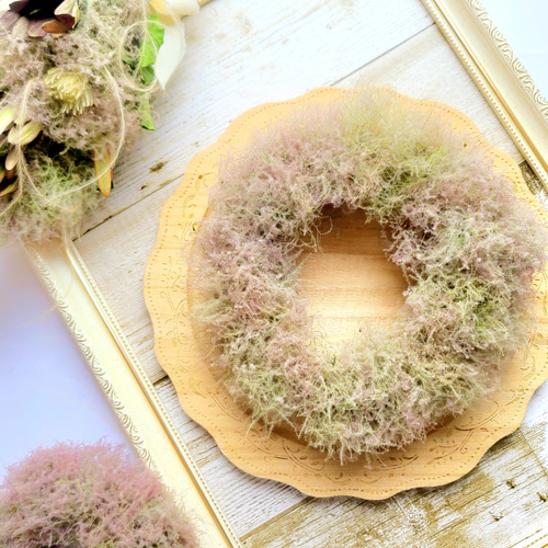 2.スモークツリー丸リース スモークツリーのフライングミニリース（フランネルフラワー