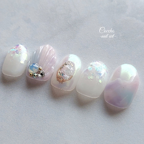 No.326　ネイルチップ　マーメイド　貝殻　人魚　海　夏　プリンセス　人魚姫 57cd79bee2ac41cb11707a6d79b5f2