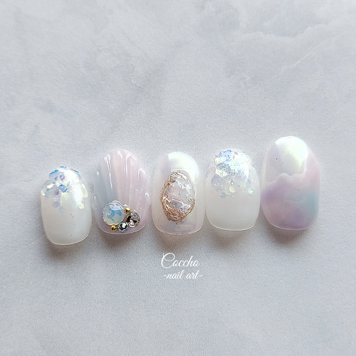 No.267 眠れるふわふわ人魚姫 / ネイルチップ ジェルネイル マーメイド  