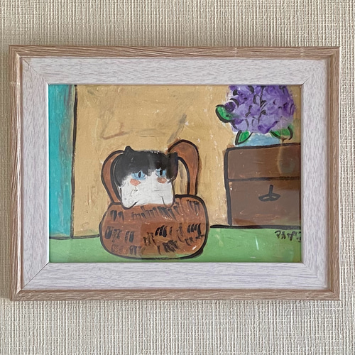 絵画。原画手描【部屋の中のきれいな紫陽花とかごの中のかわいい猫  