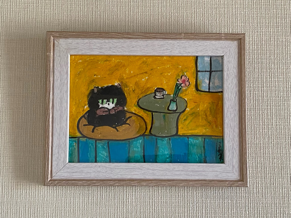 絵画。原画手描【ふわふわしたマットの上にいるかわいい黒猫が好き】 絵画。原画手描【ふわふわしたマットの上にいるかわいい黒猫が