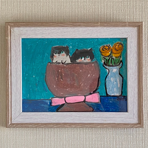 絵画。原画手描【きれいなグラスの中にいる2匹のかわいい猫ちゃん】 絵画。原画手描【きれいなグラスの中にいる2匹のかわいい猫