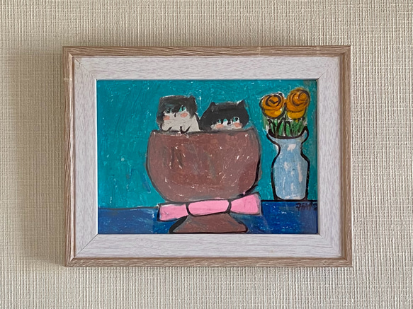 高評価アイテム 絵画。原画手描【きれいなグラスの中にいる2匹のかわいい猫 絵画+タペストリー