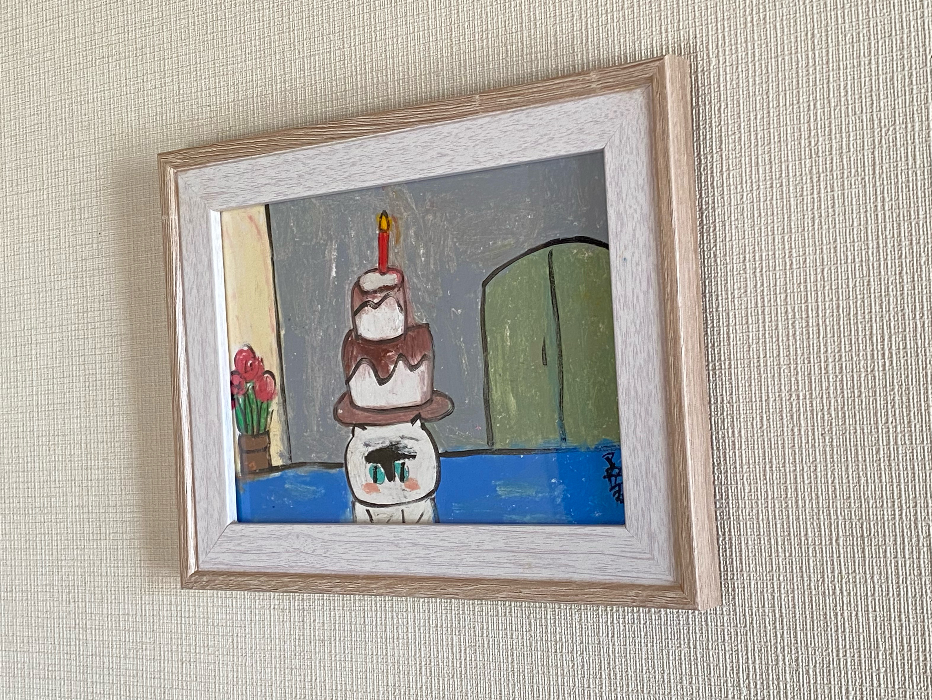 絵画。原画【猫ちゃんの誕生日には、いたずらに頭にチョコレート
