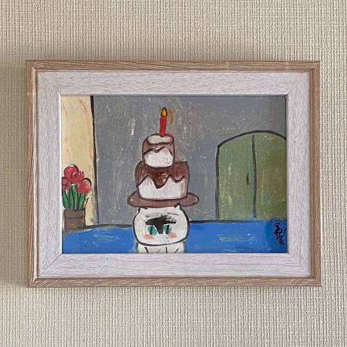【公式ショップ】 絵画。原画【猫ちゃんの誕生日には、いたずらに頭にチョコレート 絵画+タペストリー