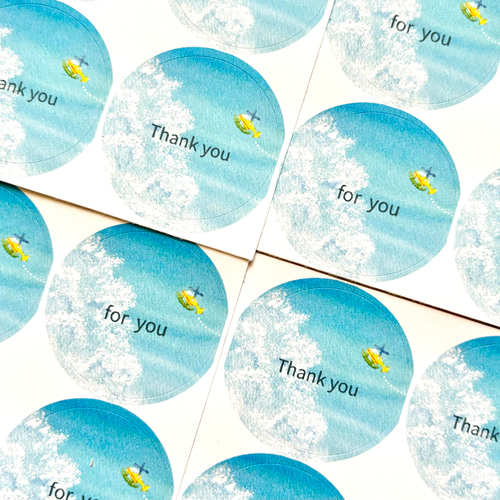 透明水彩画「ヘリコプター イラストシール」丸シール48枚 空 海 雲 夏