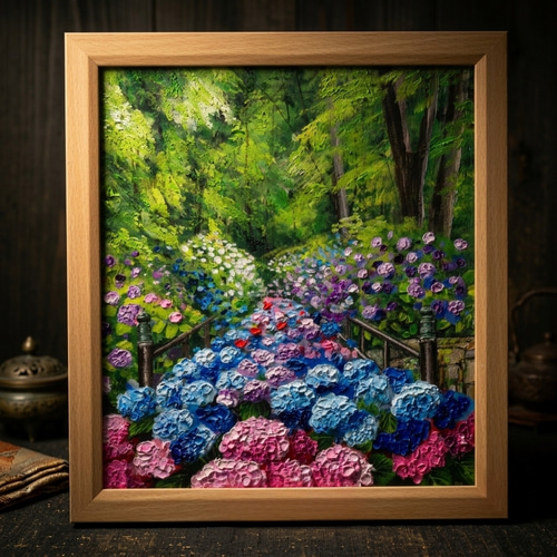 油絵【古都の万華鏡〜大和あじさい巡礼〜】油彩画 絵画 原画 初夏 梅雨