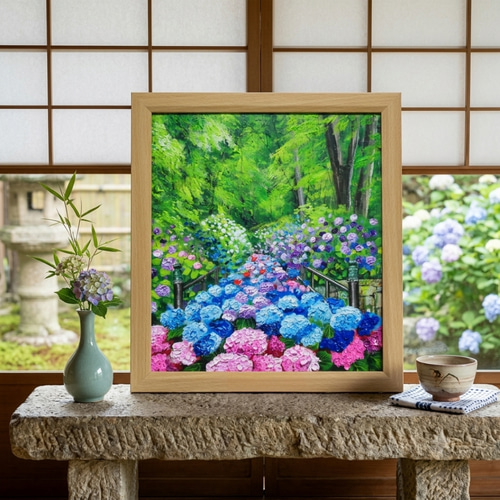 油絵【古都の万華鏡〜大和あじさい巡礼〜】油彩画 絵画 原画 初夏 梅雨