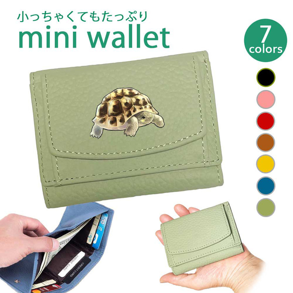ヘルマンリクガメ 三つ折り ミニ財布 フルオープン ボックス型