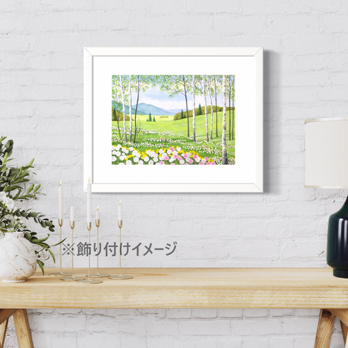 シロツメクサの咲くフィールド」透明水彩画 原画 風景画 額縁付 シロツメクサの咲くフィールド」透明水彩画 原画 風景画 額縁付