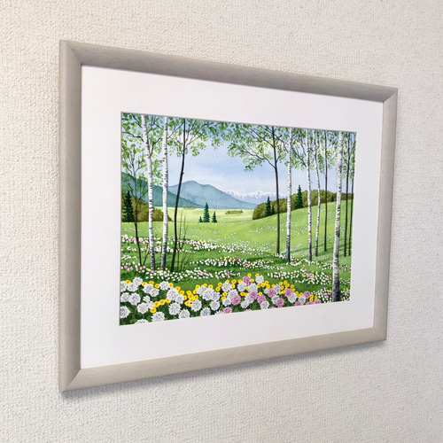 シロツメクサの咲くフィールド」透明水彩画 原画 風景画 額縁付 シロツメクサの咲くフィールド」透明水彩画 原画 風景画 額縁付