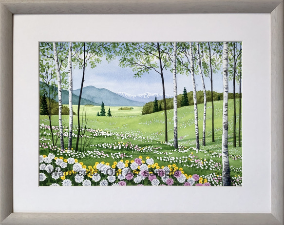 透明水彩画　原画　「シロツメクサの咲くフィールド」額縁付　４Fサイズ　風景画 シロツメクサの咲くフィールド」透明水彩画 原画 風景画 額縁付