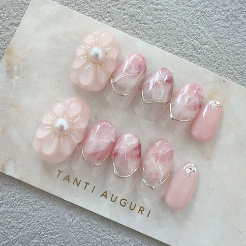 ピンク統一 大理石フレンチ ネイルチップ ぷっくりフラワー