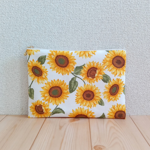 向日葵 大きめ20cm 花柄フラットポーチ 内ポケット ひまわり 756 