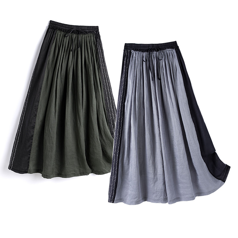 パーチワークリネンスカート　ゴムウエストリネンスカート　裏地付き　2色　M-XLサイズL397