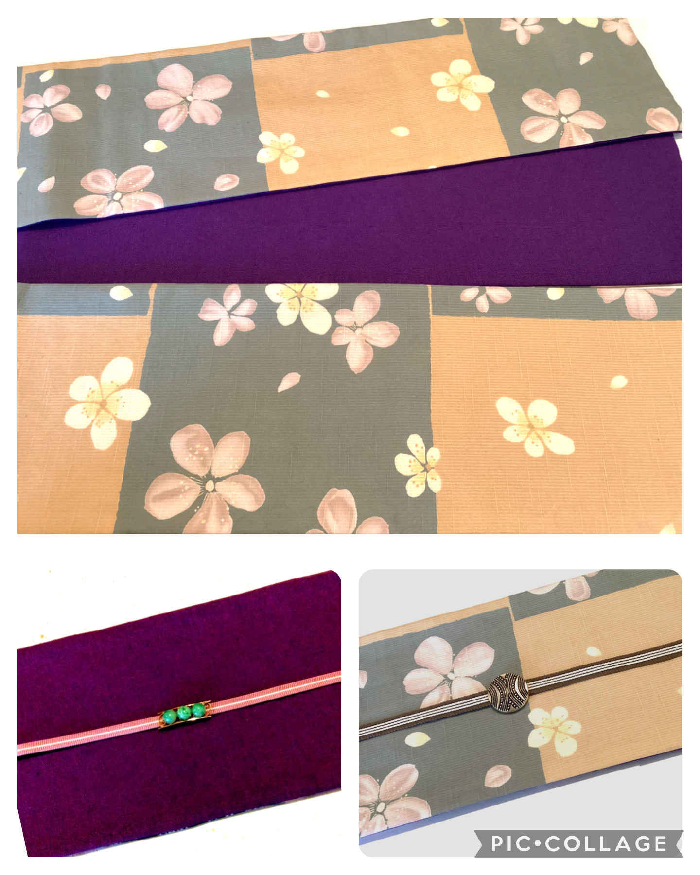 【新品】綿　半幅帯　友禅染め花にパープル　長尺　浴衣帯･リバーシブル