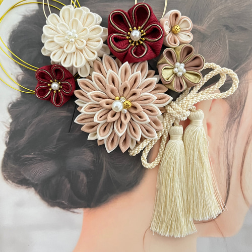 受注制作】121 和装髪飾り くすみピンク 緑 えんじ つまみ細工 結婚式