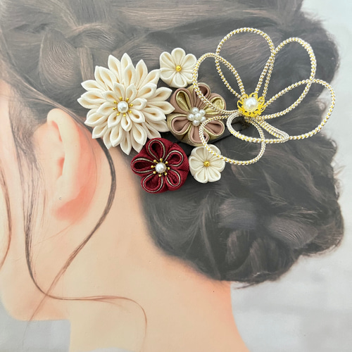 受注制作】121 和装髪飾り くすみピンク 緑 えんじ つまみ細工 結婚式