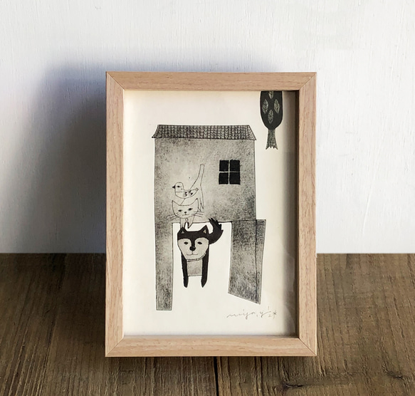 紙版画作品「おかえり」フレーム入 2枚目の画像