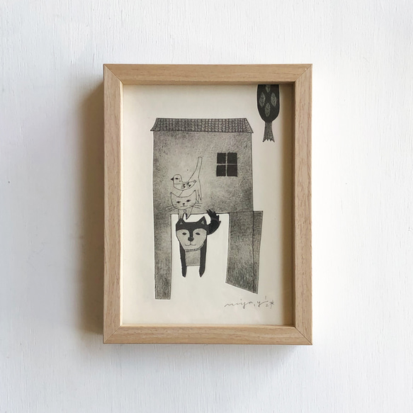 紙版画作品「おかえり」フレーム入 1枚目の画像