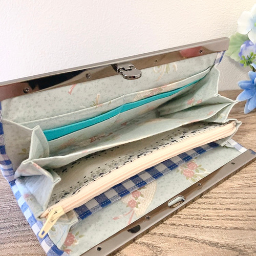ギンガムチェック柄 ブルー がま口長財布 ハンドメイド がま口