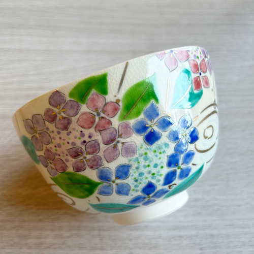 茶道具 抹茶茶碗 色絵 紫陽花（あじさい）、京焼 東福窯 中村
